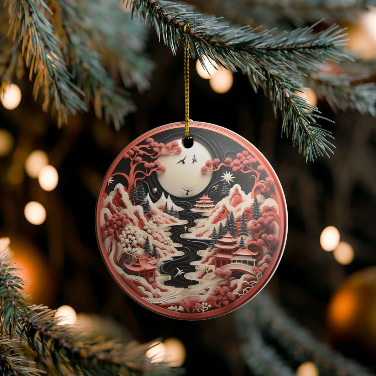 Japanese Moonlit Mountain Landscape Ceramic Ornament    Item #956651
