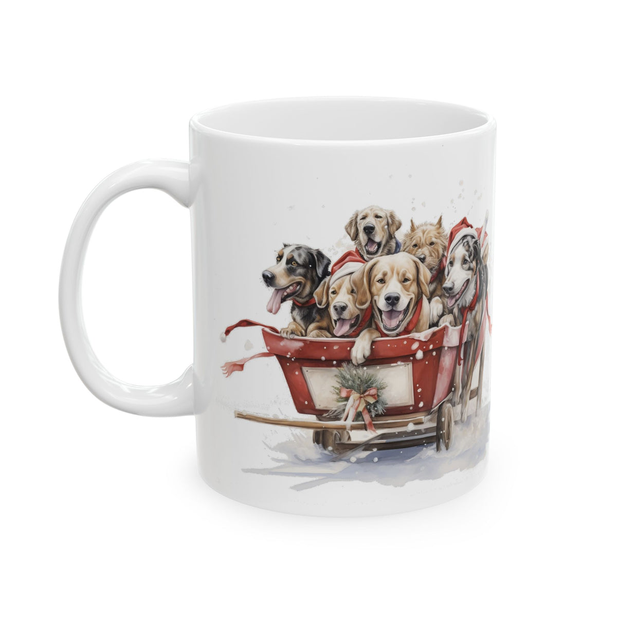 Holiday Dogs in Sleigh Ceramic Mug — Festive Christmas Coffee Cup 11oz   Item #104848