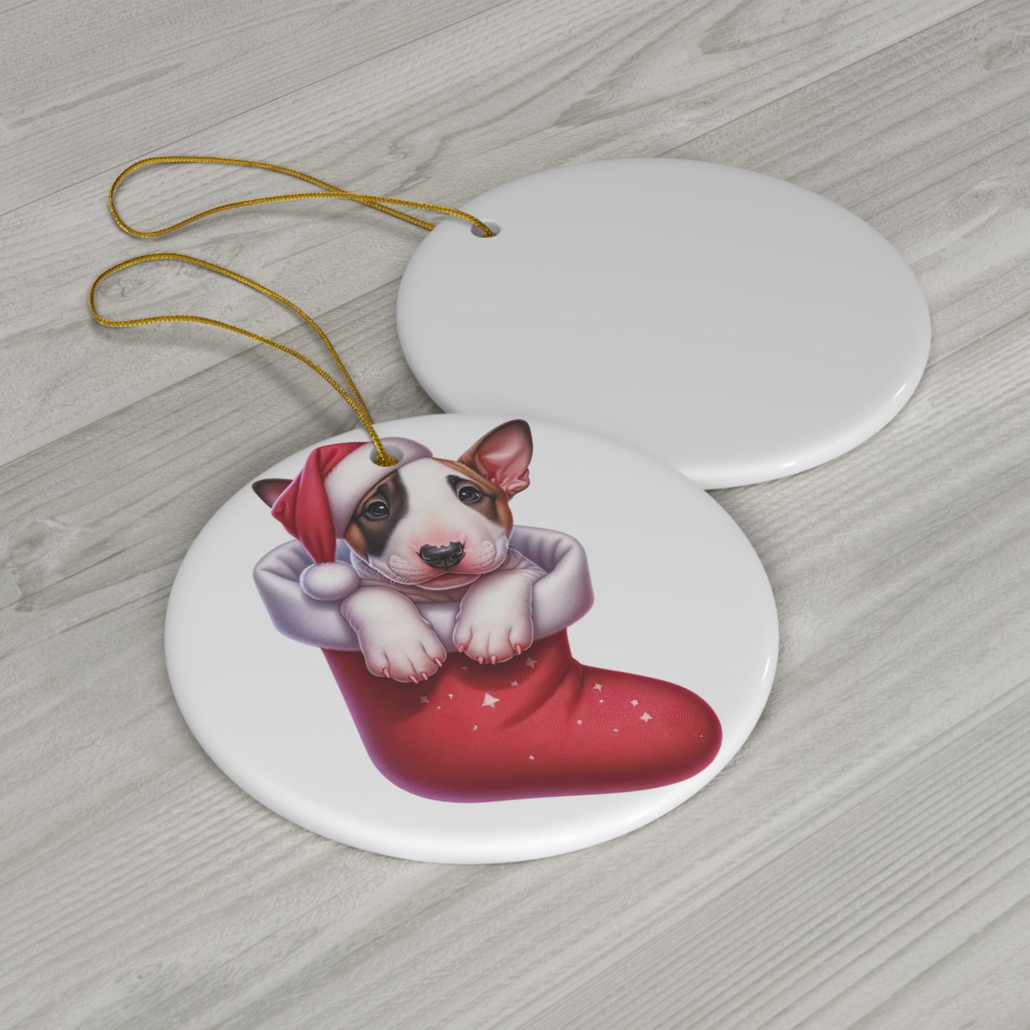 Bull Terrier Christmas Stocking Ceramic Disc Ornament      Item #7711245