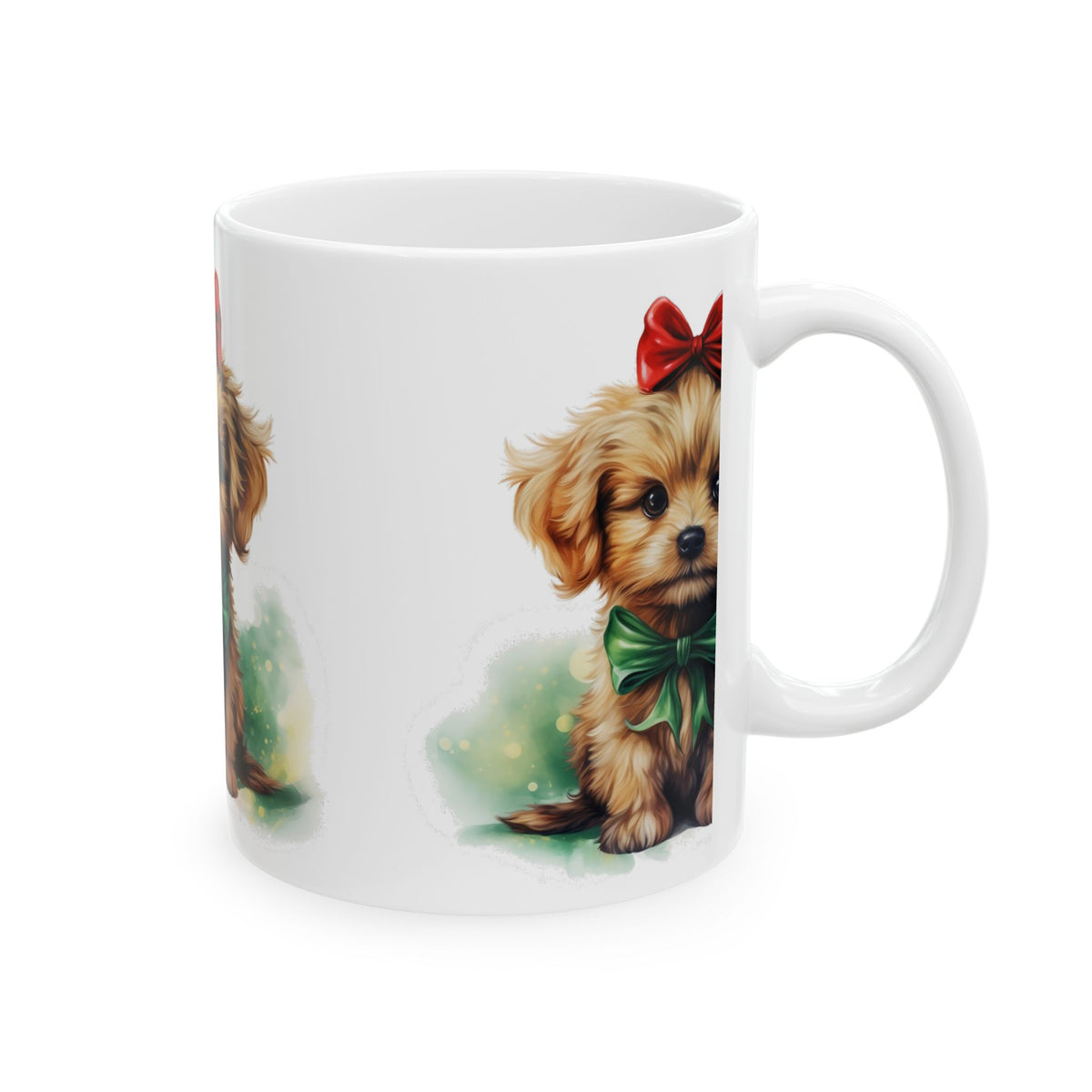 Cute Puppy Christmas Mug — Adorable Yorkie with Red Bow & Green Ribbon 11oz   Item #901071
