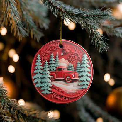 Ceramic Christmas Ornament with Red Vintage Truck and Winter Forest Design   Item #416355