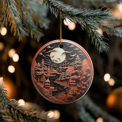 Ceramic Ornament – Enchanted Moonlit Mountain Village Holiday Decor   Item #317359