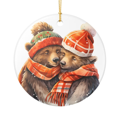 Ceramic Christmas Ornament with Cozy Bear Couple in Winter Hats and Scarves   Item #981933