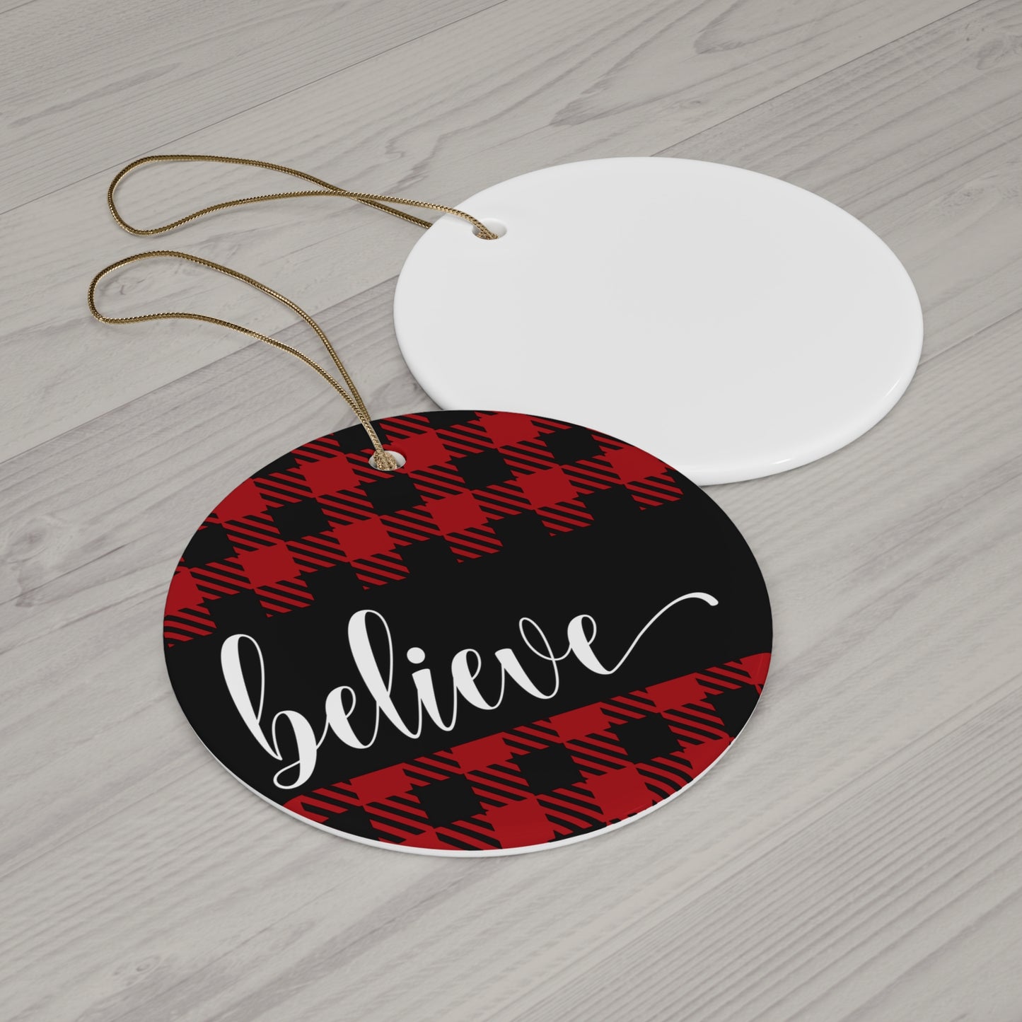 Believe Buffalo Plaid Ceramic Disc Ornament       Item #5481754