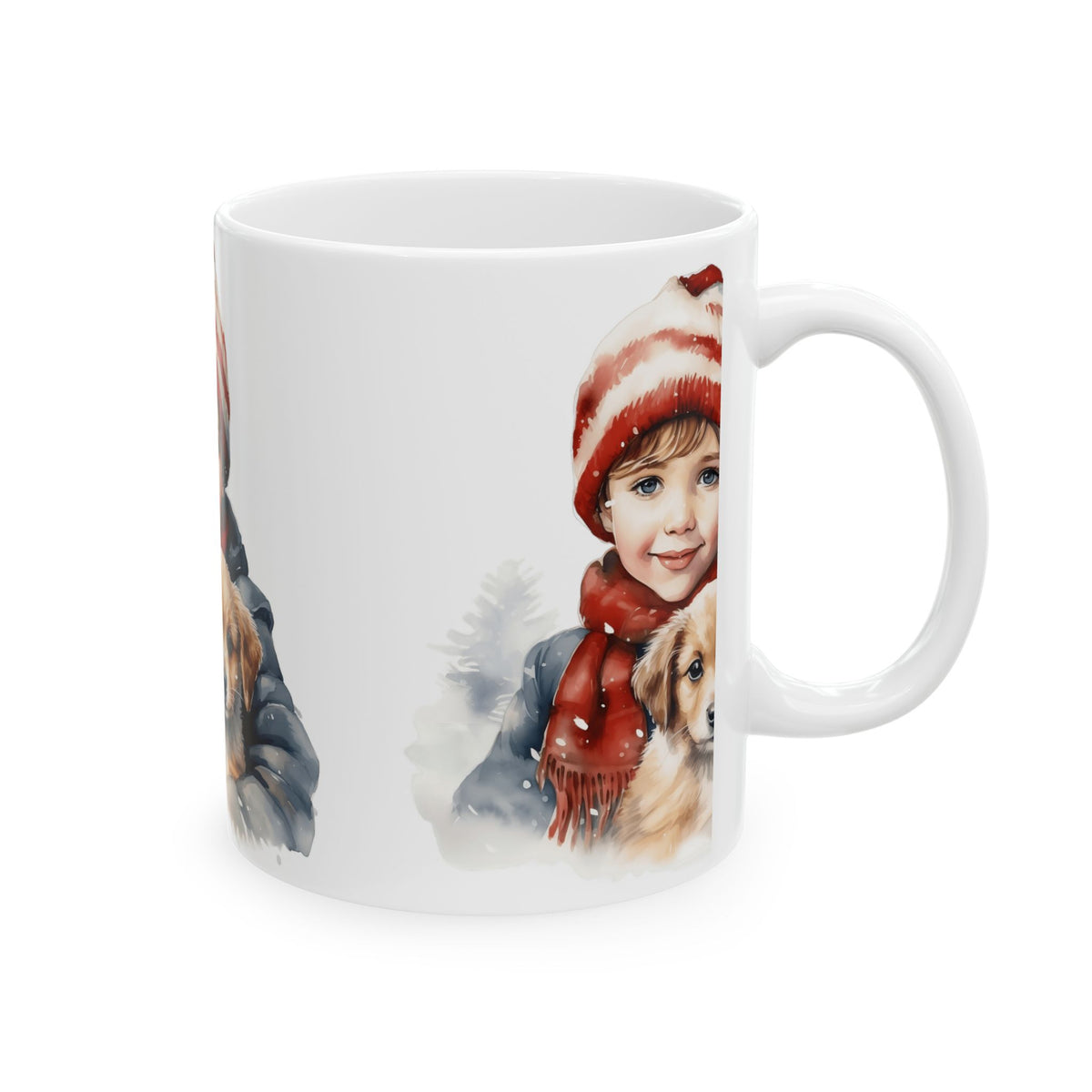 Holiday Child & Puppy Ceramic Mug — Cute Winter Christmas Coffee Cup 11oz  Item #917644
