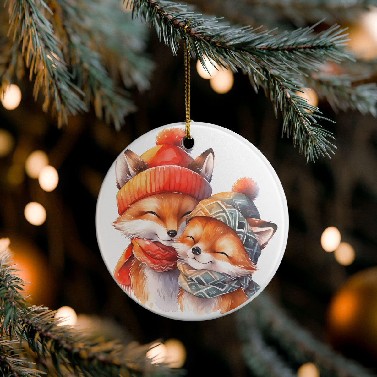 Ceramic Ornament with Cozy Winter Foxes   Item #52451