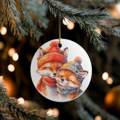 Ceramic Ornament with Cozy Winter Foxes   Item #52451