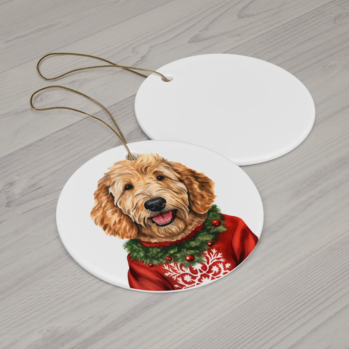 Dog With Christmas Sweater Ceramic Disc Ornament            Item #6668099