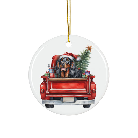 Ceramic Ornament - Gordon Setter Christmas Dog In Red Truck       Item #1587899