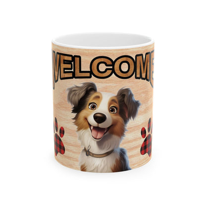 Welcome Dog Mug - Cute Australian Shepherd Puppy Coffee Cup with Plaid Paw Prints 11oz    Item #253936