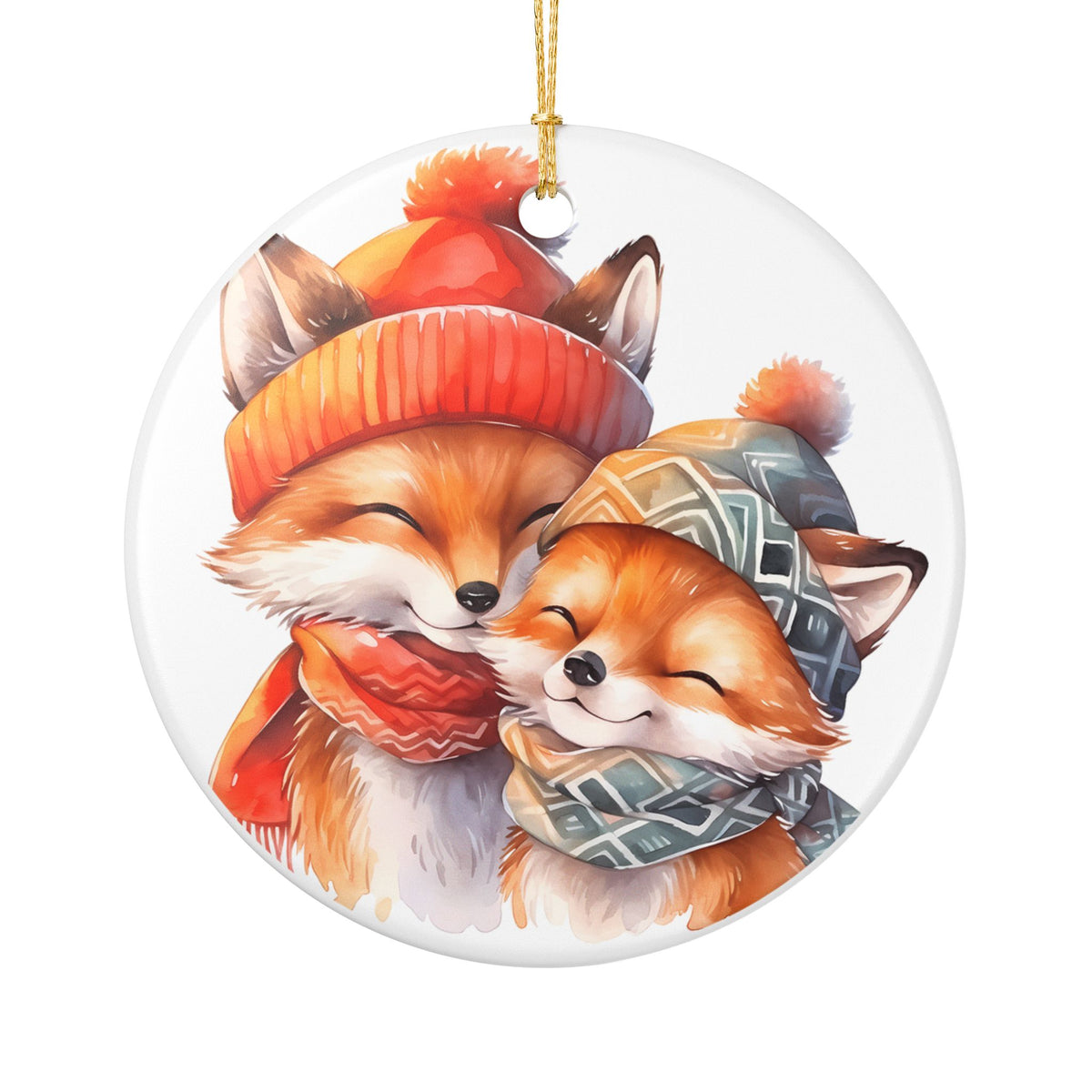 Ceramic Ornament with Cozy Winter Foxes   Item #52451