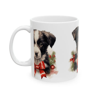 Holiday Puppy Ceramic Mug — Cute Border Collie with Red Bow 11oz  Item #598418