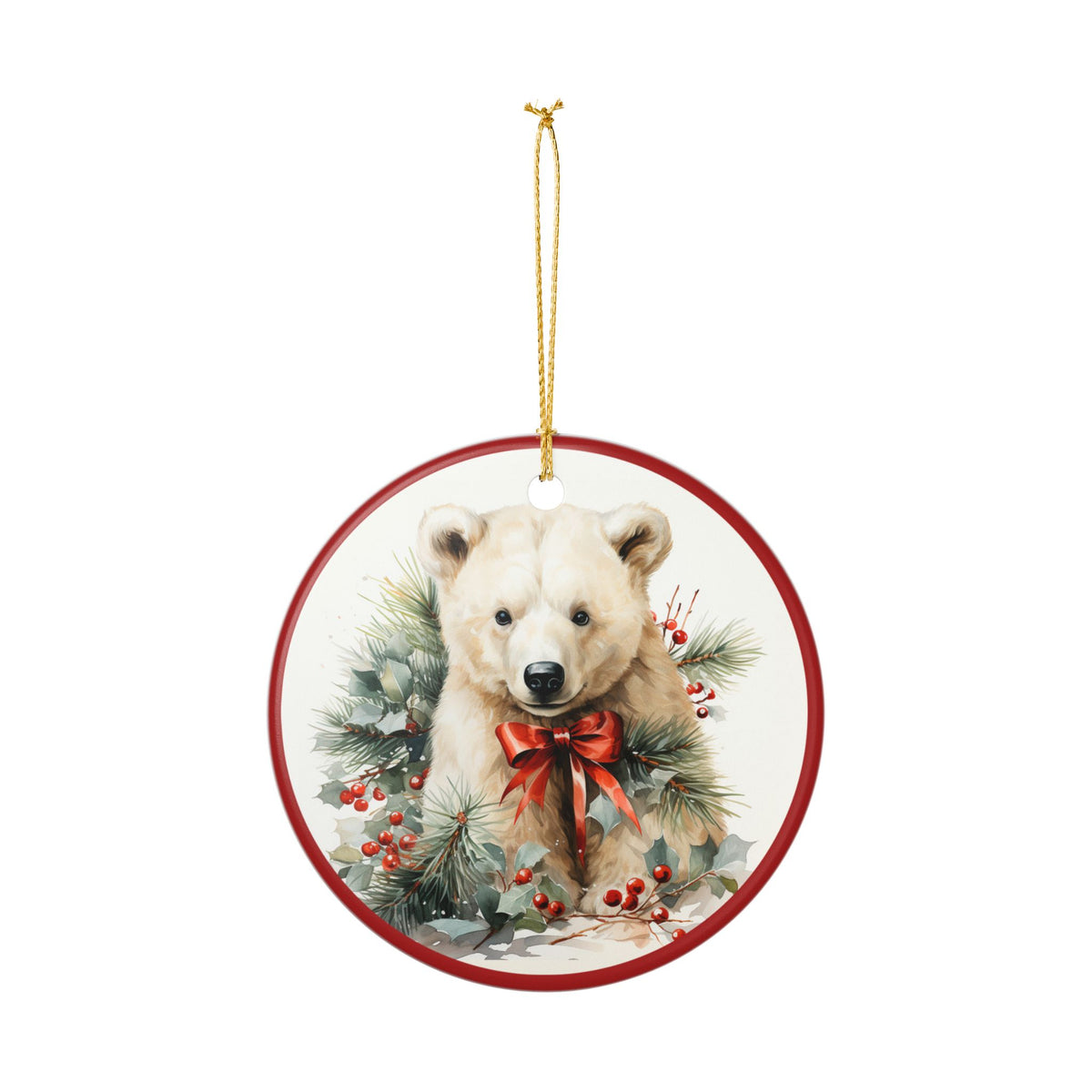 Ceramic Christmas Ornament – Polar Bear with Red Bow and Winter Greenery  Item #729052