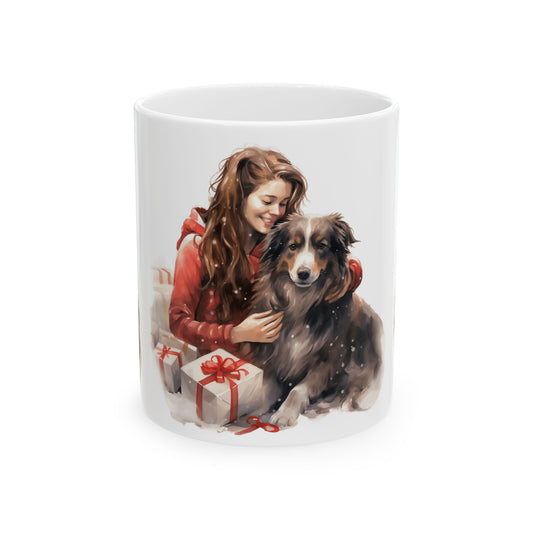 Holiday Dog Lover Mug — Woman Hugging Dog with Gifts Ceramic Mug 11oz  Item #915727