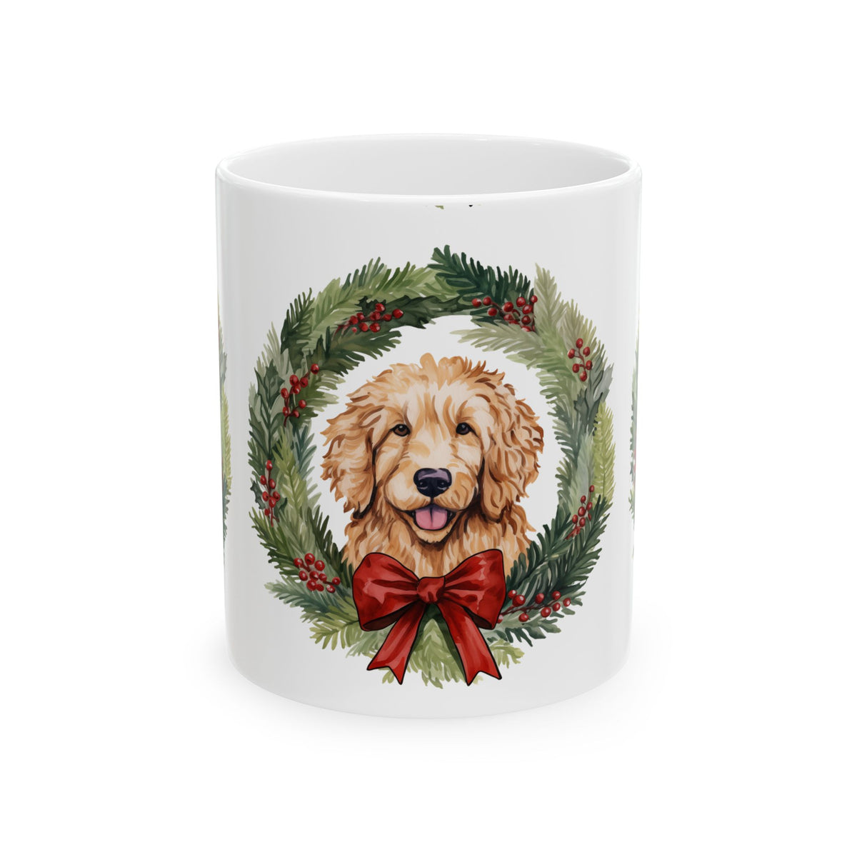 Golden Doodle Christmas Mug — Holiday Wreath with Red Bow 11oz  Item #505705