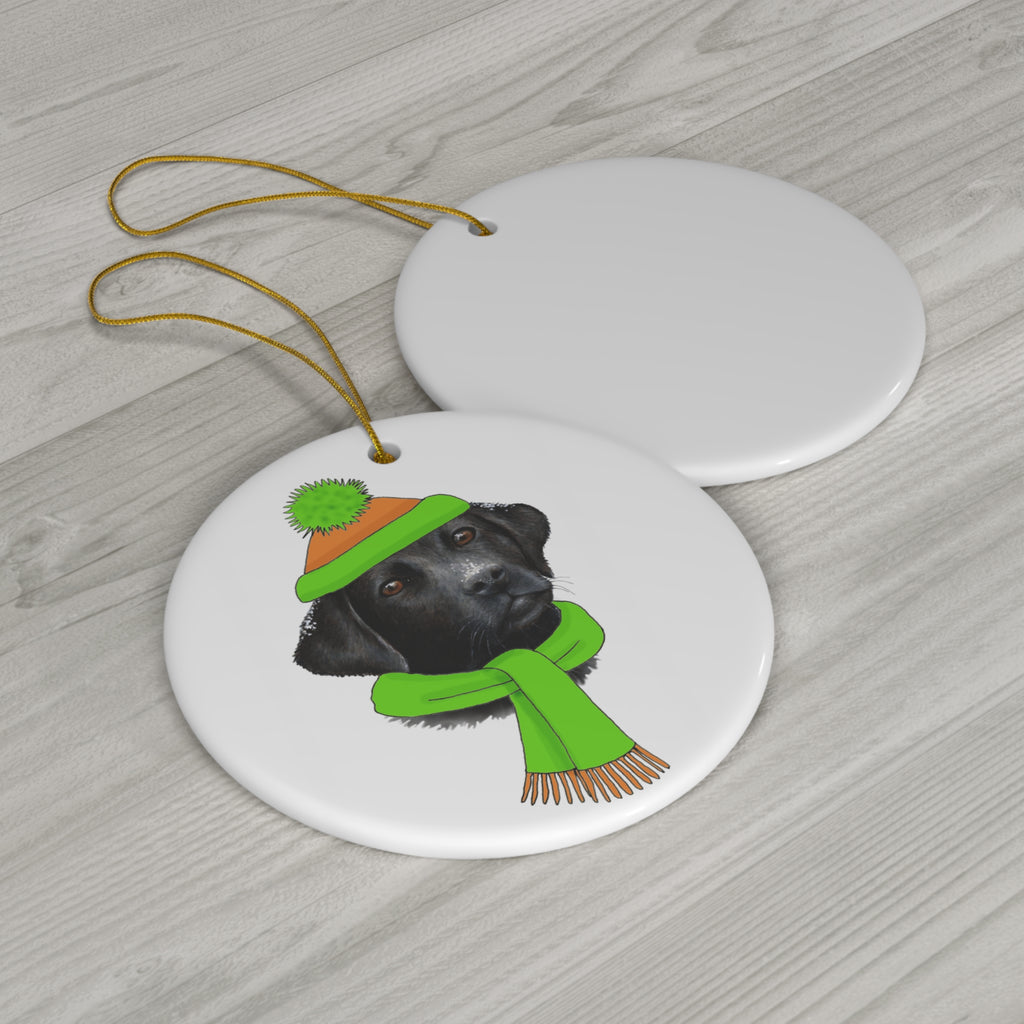 Lab In Green Winter Gear Ceramic Disc Ornament              Item #7759659 - Buckshot's Bargain Barn