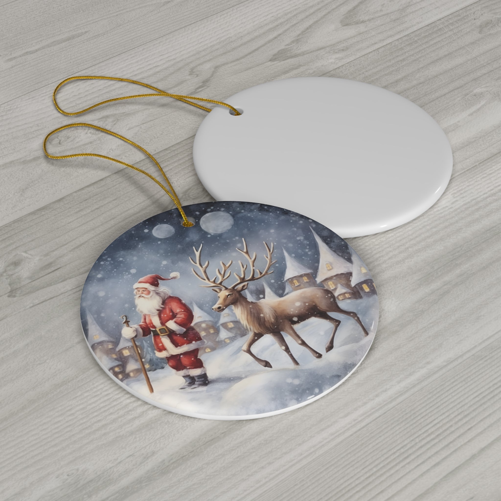 Santa With Reindeer Ceramic Ornament          Item #3882337 - Buckshot's Bargain Barn