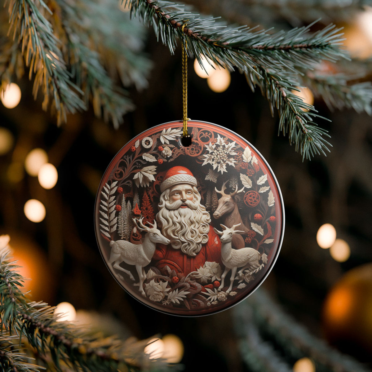 Vintage Santa and Reindeer Christmas Ceramic Ornament   Item #864295