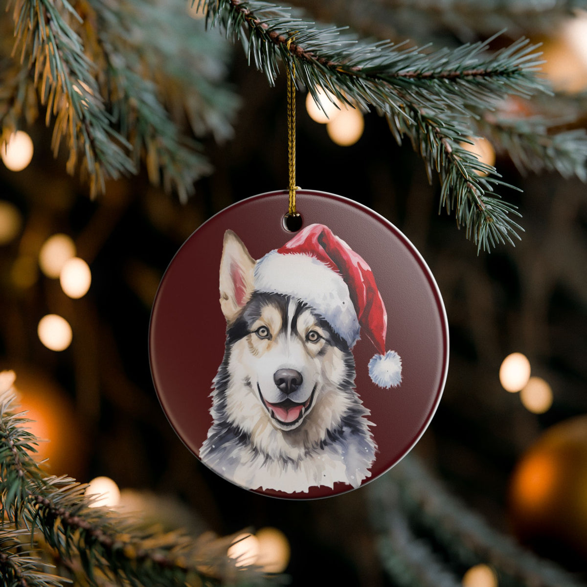 Santa Hat Husky Christmas Ceramic Ornament   Item #17732