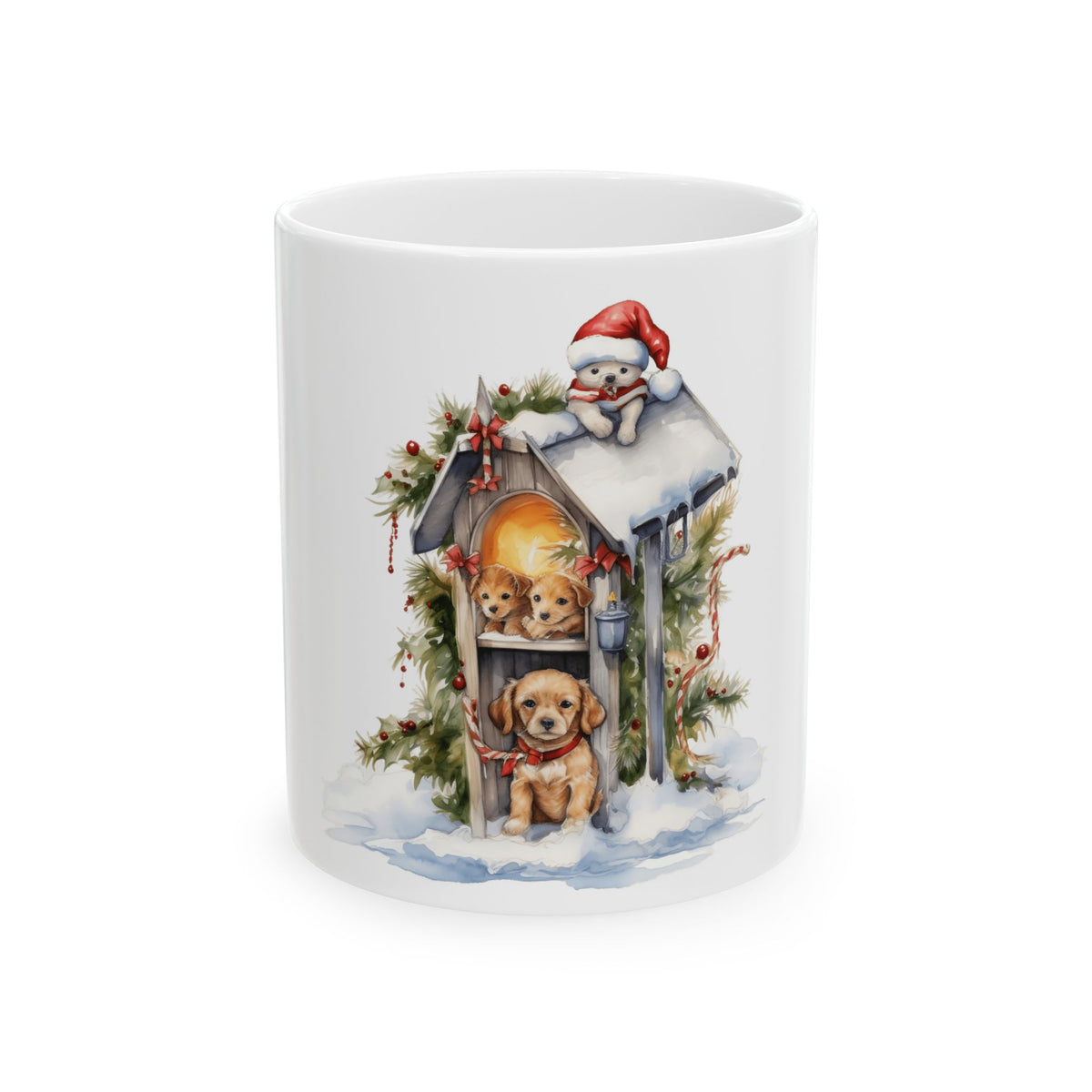 Christmas Puppy Mug — Festive Dogs in Snowy Mailbox Ceramic Coffee Cup 11oz   Item #913616