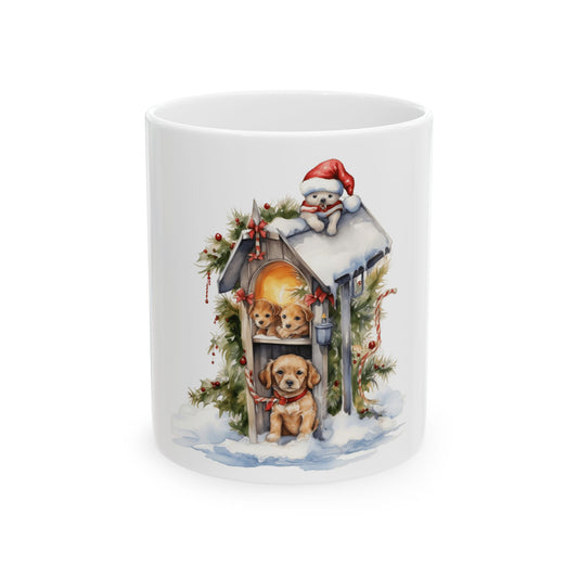 Christmas Puppy Mug — Festive Dogs in Snowy Mailbox Ceramic Coffee Cup 11oz   Item #913616
