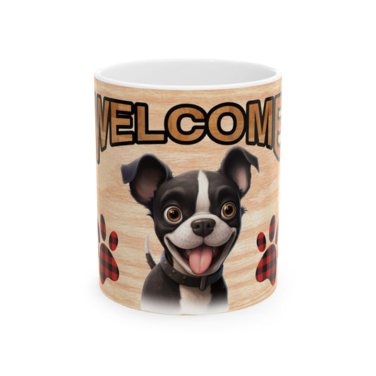 Welcome Dog Illustration Ceramic Mug – Cute Paw Print Coffee Cup 11oz    Item #881109