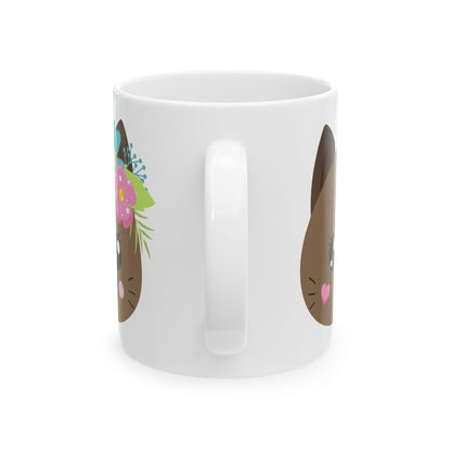 Cute Floral Cat Face Mug — Adorable Kawaii Coffee Cup 11oz    Item #149524
