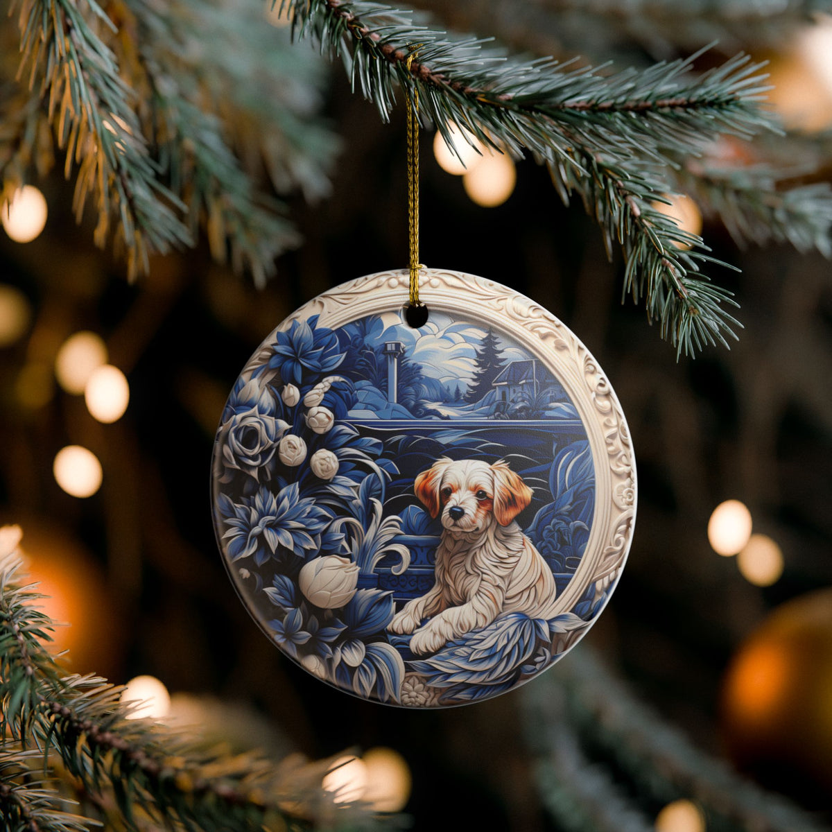 Ceramic Ornament with Puppy and Blue Floral Lakeside Scene   Item #793169