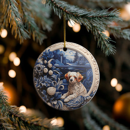 Ceramic Ornament with Puppy and Blue Floral Lakeside Scene   Item #793169