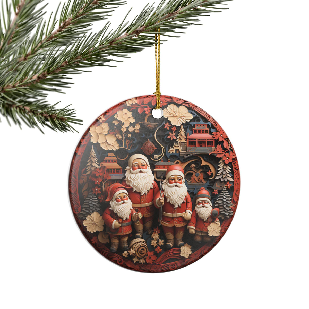 Ceramic Christmas Ornament with Santa Family and Asian-Inspired Holiday Scene    Item #332918