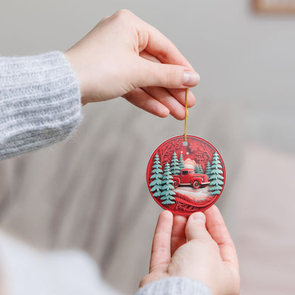 Ceramic Christmas Ornament with Red Vintage Truck and Winter Forest Design   Item #416355