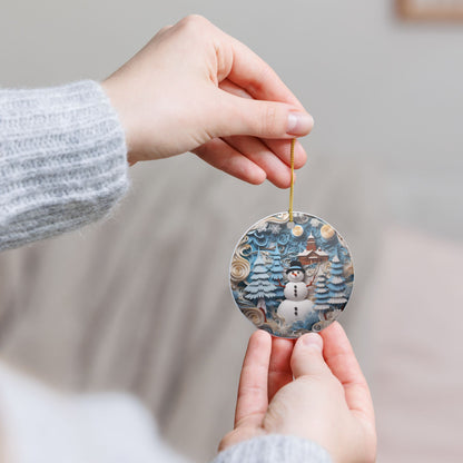 Ceramic Christmas Ornament with Snowman Winter Wonderland Design   Item #847496