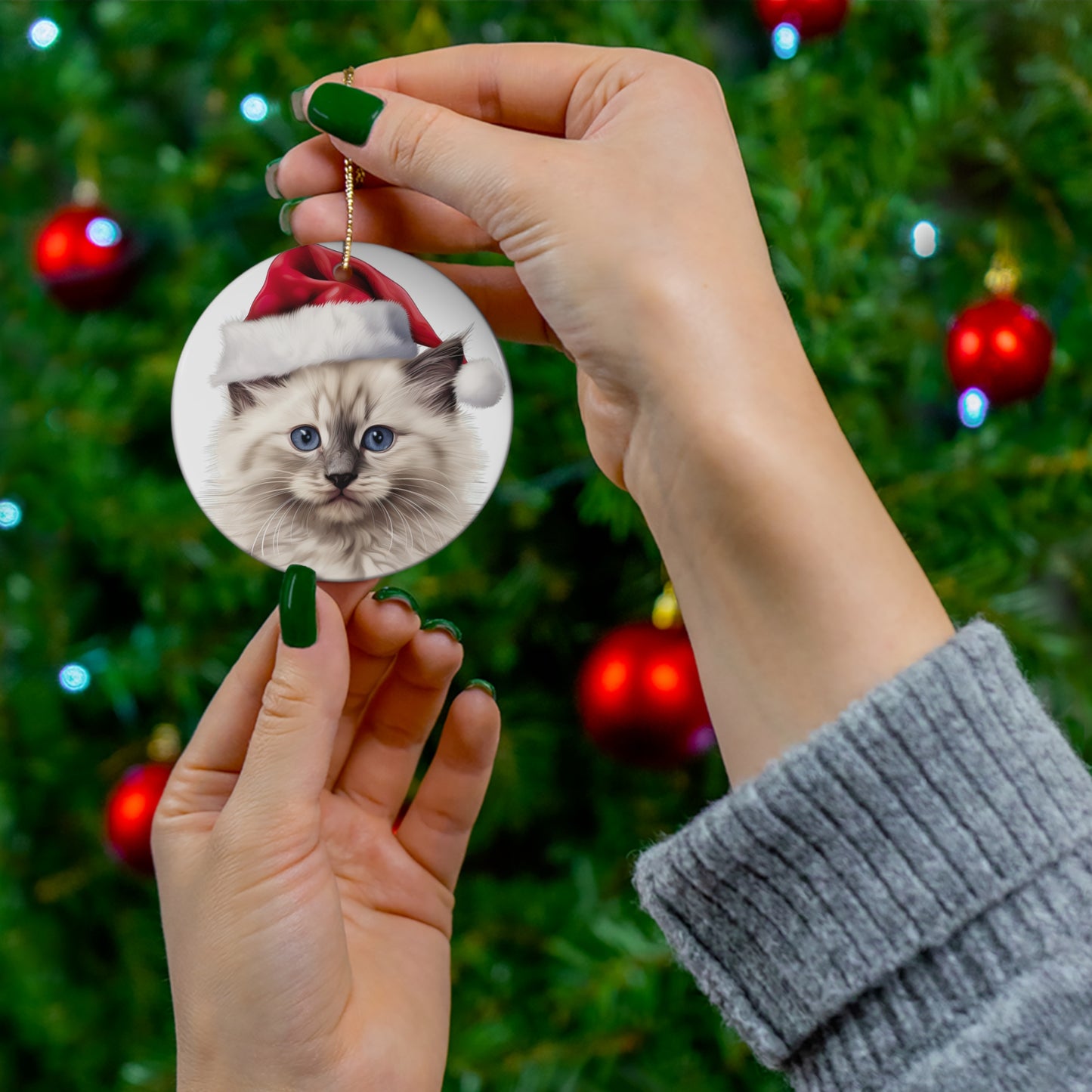 Ceramic Ornament - Ragdoll Kitten With Santa Hat      Item #285666