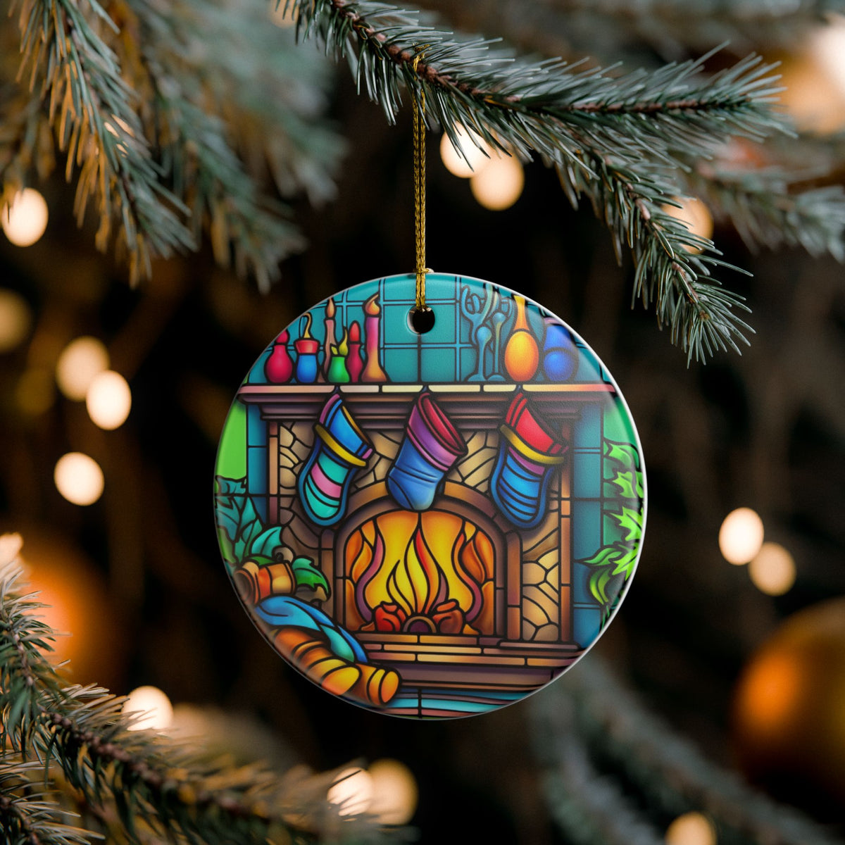 Stained Glass Christmas Fireplace Ceramic Ornament   Item #873986