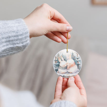 Ceramic Ornament with Cozy Winter Bunny Couple Design   Item #208416