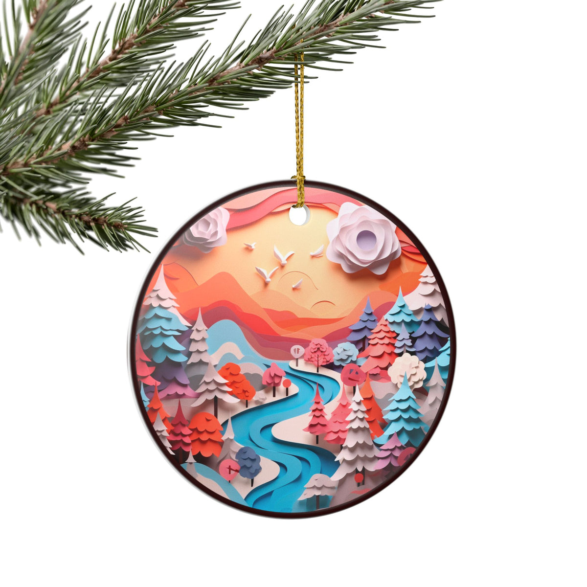 Ceramic Ornament – Whimsical Winter Mountain Landscape Christmas Tree Decoration