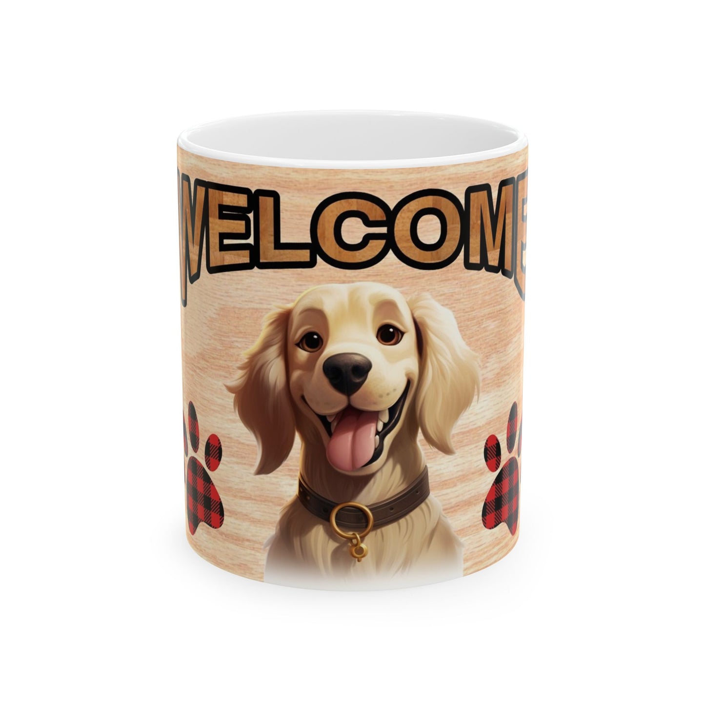 Welcome Dog Illustration Ceramic Mug – Cute Paw Print Coffee Cup 11oz    Item #172997
