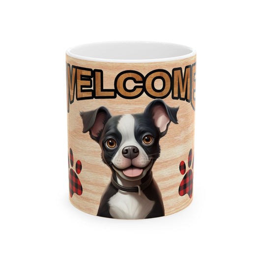 Welcome Dog Illustration Ceramic Mug – Cute Paw Print Coffee Cup 11oz    Item #879242