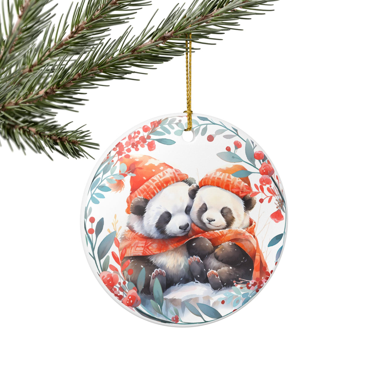 Ceramic Ornament with Cozy Panda Couple Winter Design   Item #13766