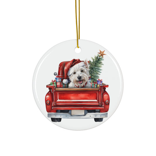 West Highland White Terrier Christmas Dog In Red Truck Ceramic Disc Ornament        Item #7382892