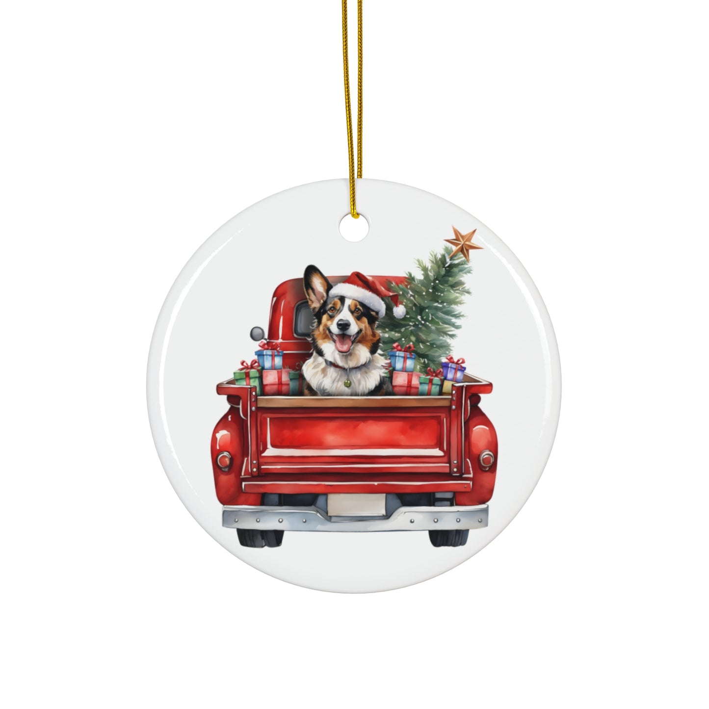 Cardigan Welsh Corgi Christmas Dog In Red Truck Ceramic Disc Ornament           Item #1085892