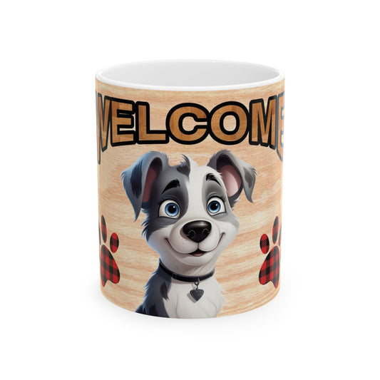 Welcome Dog Illustration Ceramic Mug – Cute Paw Print Coffee Cup 11oz    Item #634654