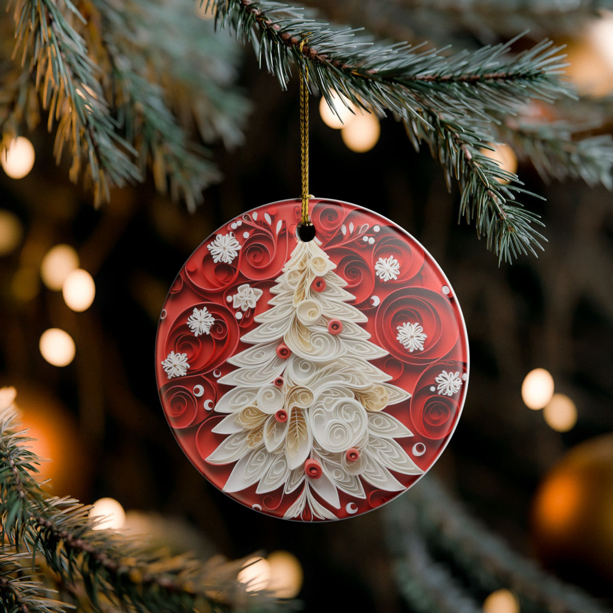 Ceramic Christmas Ornament – Red Quilled Christmas Tree Design   Item #890572