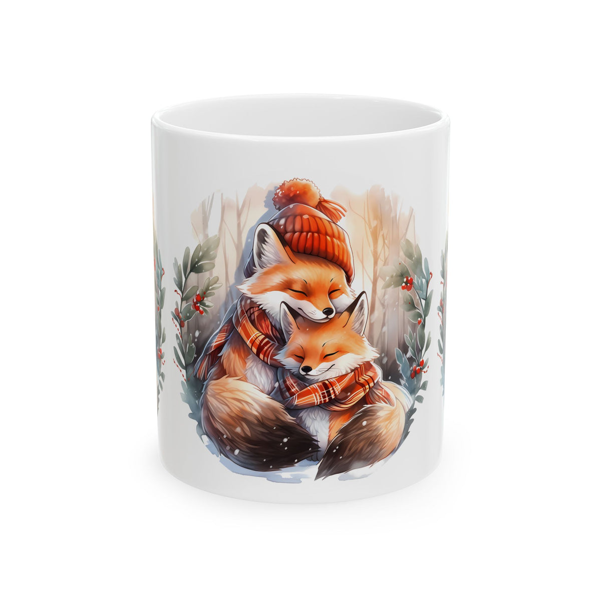 Cozy Winter Foxes Ceramic Mug – Cute Mom & Kit Hugging Tea Coffee Cup 11oz    Item #120643