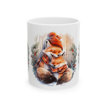 Cozy Winter Foxes Ceramic Mug – Cute Mom & Kit Hugging Tea Coffee Cup 11oz    Item #120643