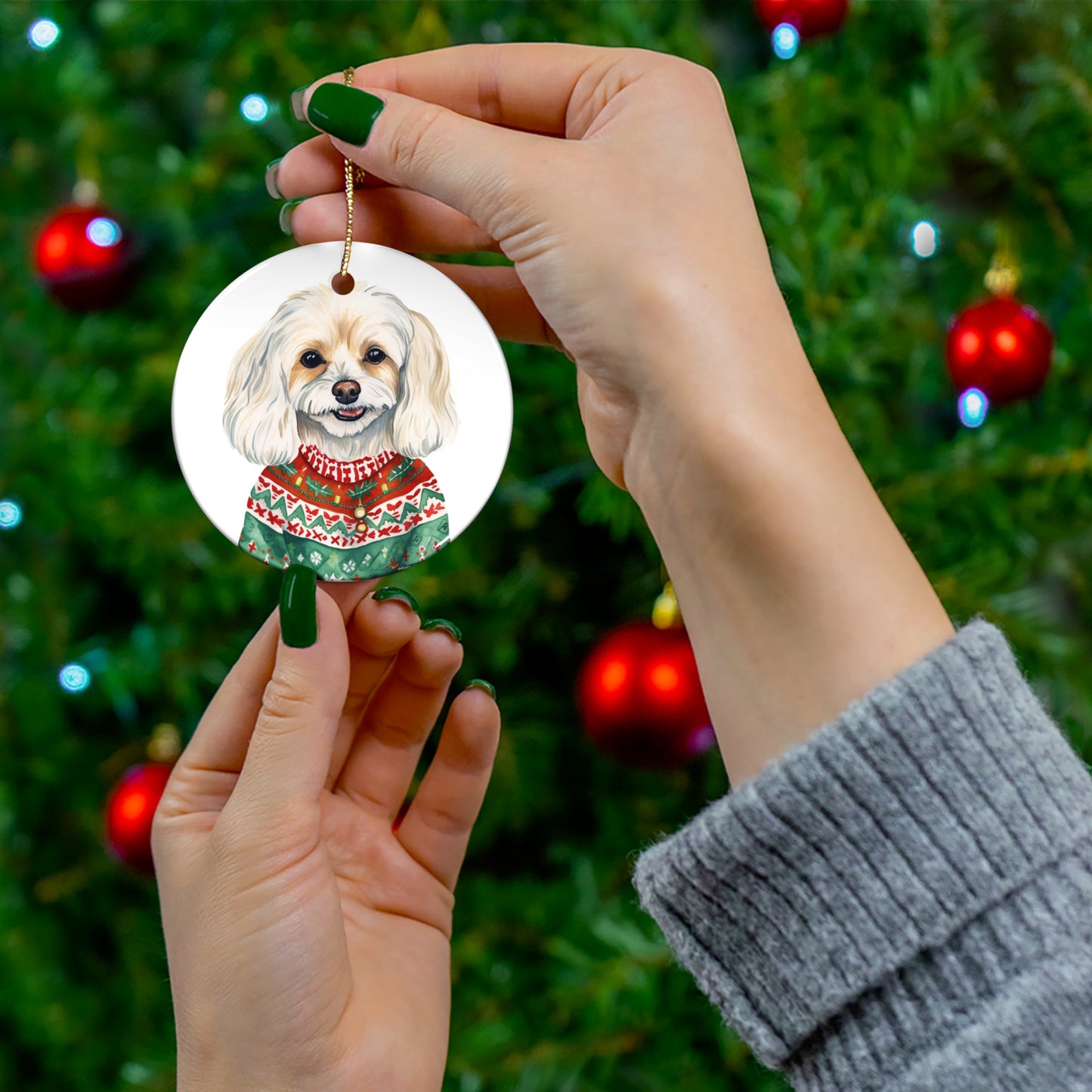 Dog With Christmas Sweater Ceramic Disc Ornament           Item #7609663