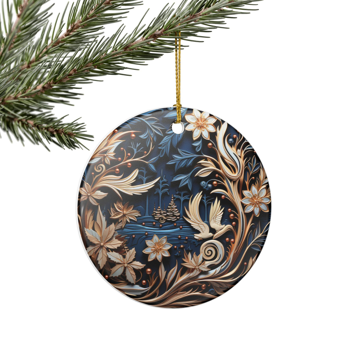 Ceramic Ornament – Elegant Floral Peacock Holiday Tree Decoration   Item #114485