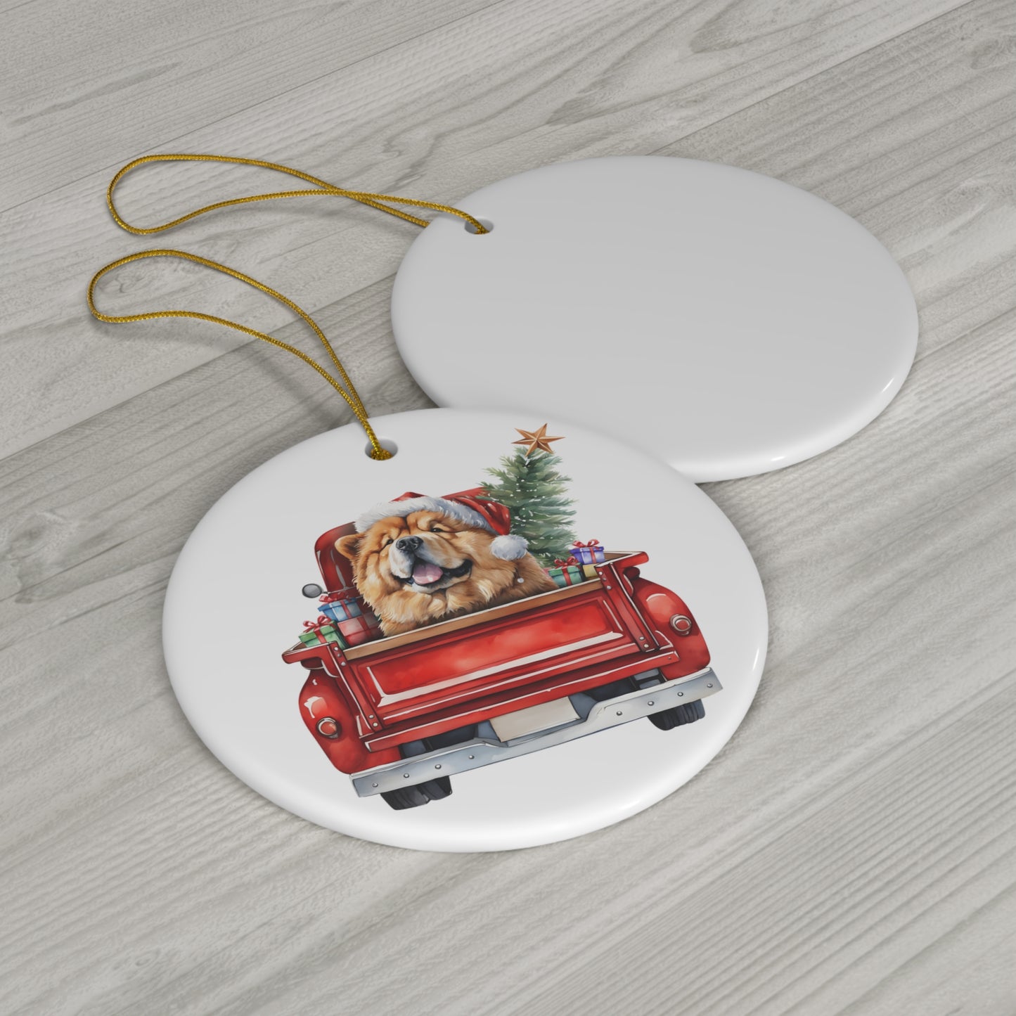 Chow Chow Christmas Dog In Red Truck Ceramic Disc Ornament         Item #1804332