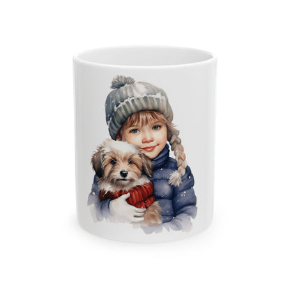 Winter Child & Puppy Ceramic Mug — Cute Holiday Hot Cocoa Cup 11oz  Item #692933