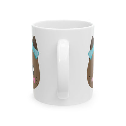 Cute Brown Cat Face Mug with Blue Bow – Kawaii Kitten Ceramic Coffee Cup 11oz    Item #616709